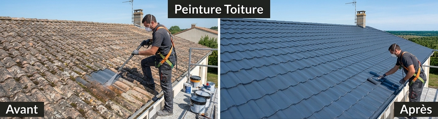 Artisan appliquant une peinture hydrofuge sur toiture dans les Deux-Sèvres